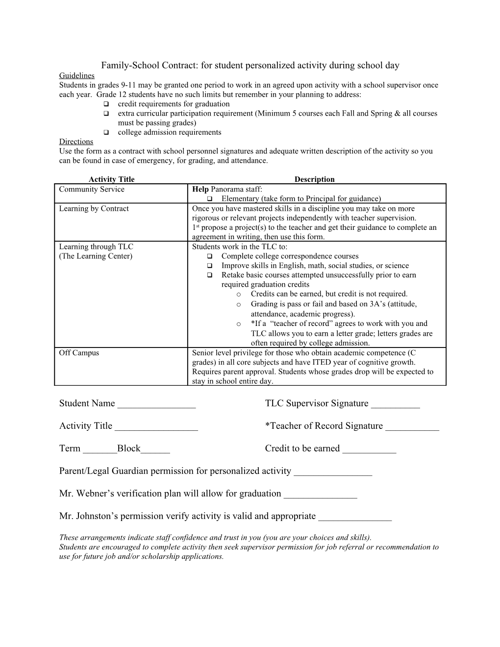 Student-School Contract: for Personalized Activity During School Day