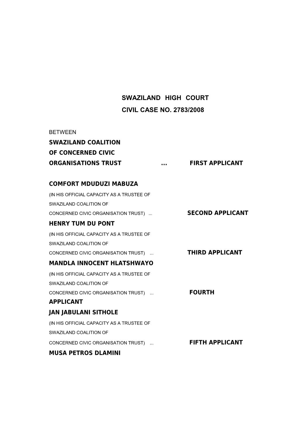 Swaziland High Court Civil Case No. 2783/2008