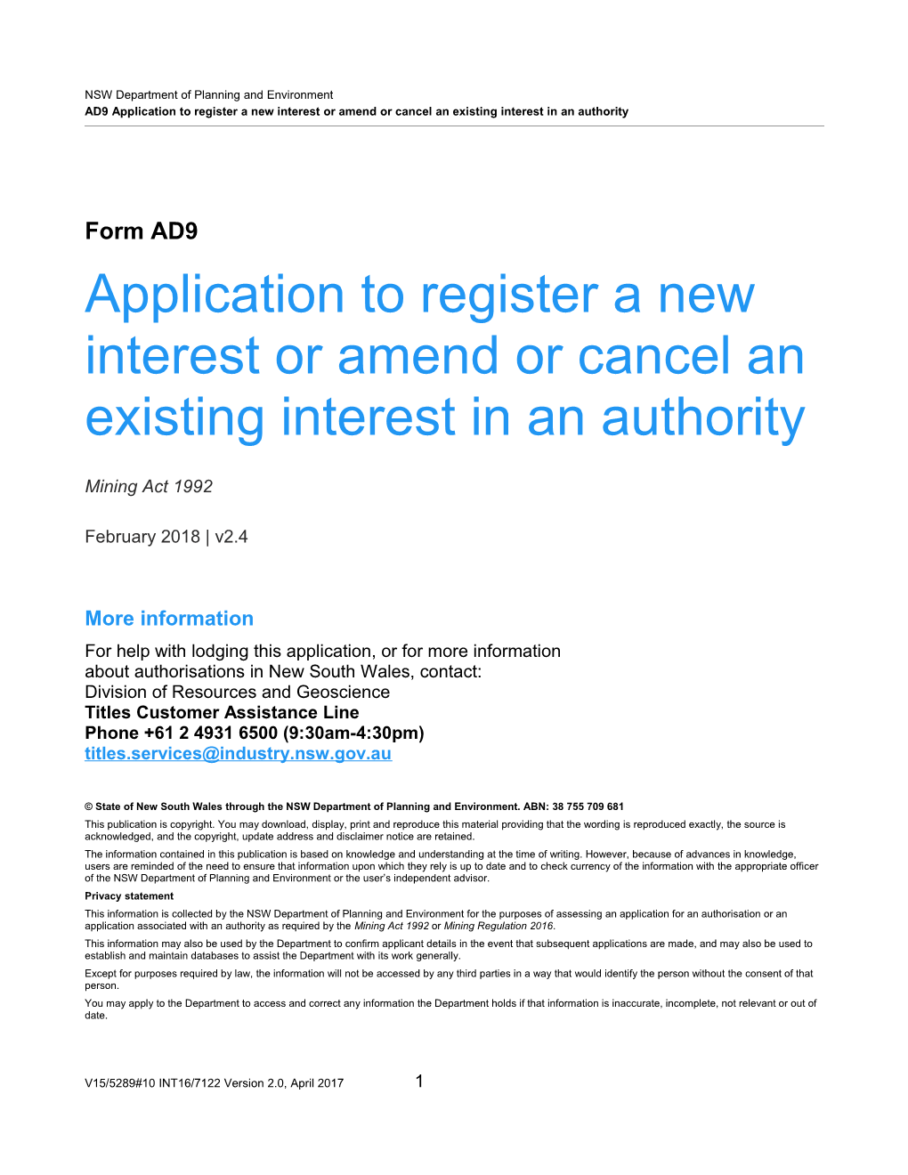 AD9 Application to Register a New Interest Or Amend Or Cancel an Existing Interest in An