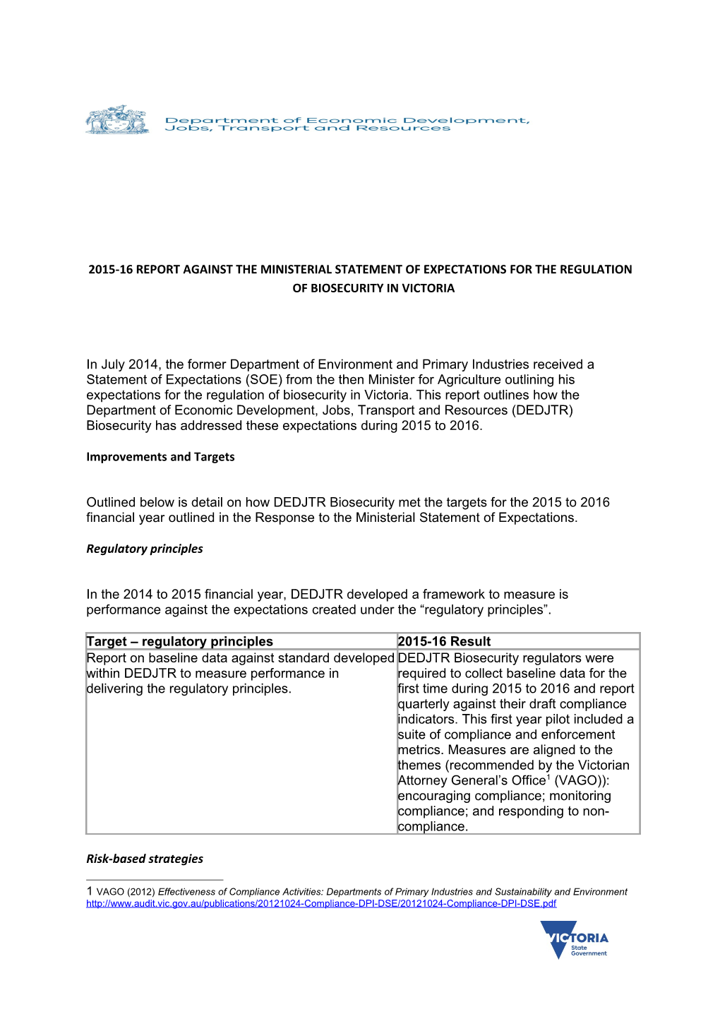 2015-16 Report Against the Ministerial Statement of Expectations for the Regulation Of