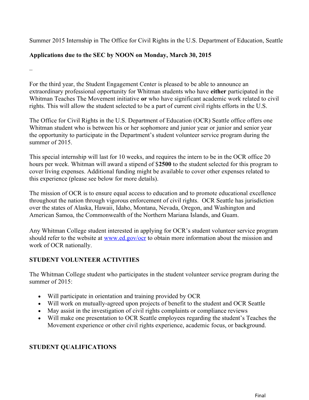 Summer 2015 Internship in Theoffice for Civil Rights in the U.S. Department of Education