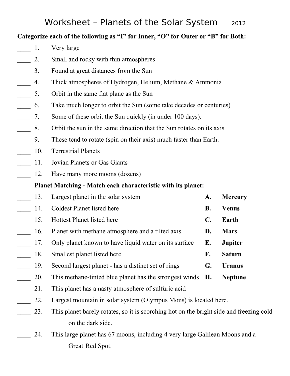 Worksheet Planets of the Solar System