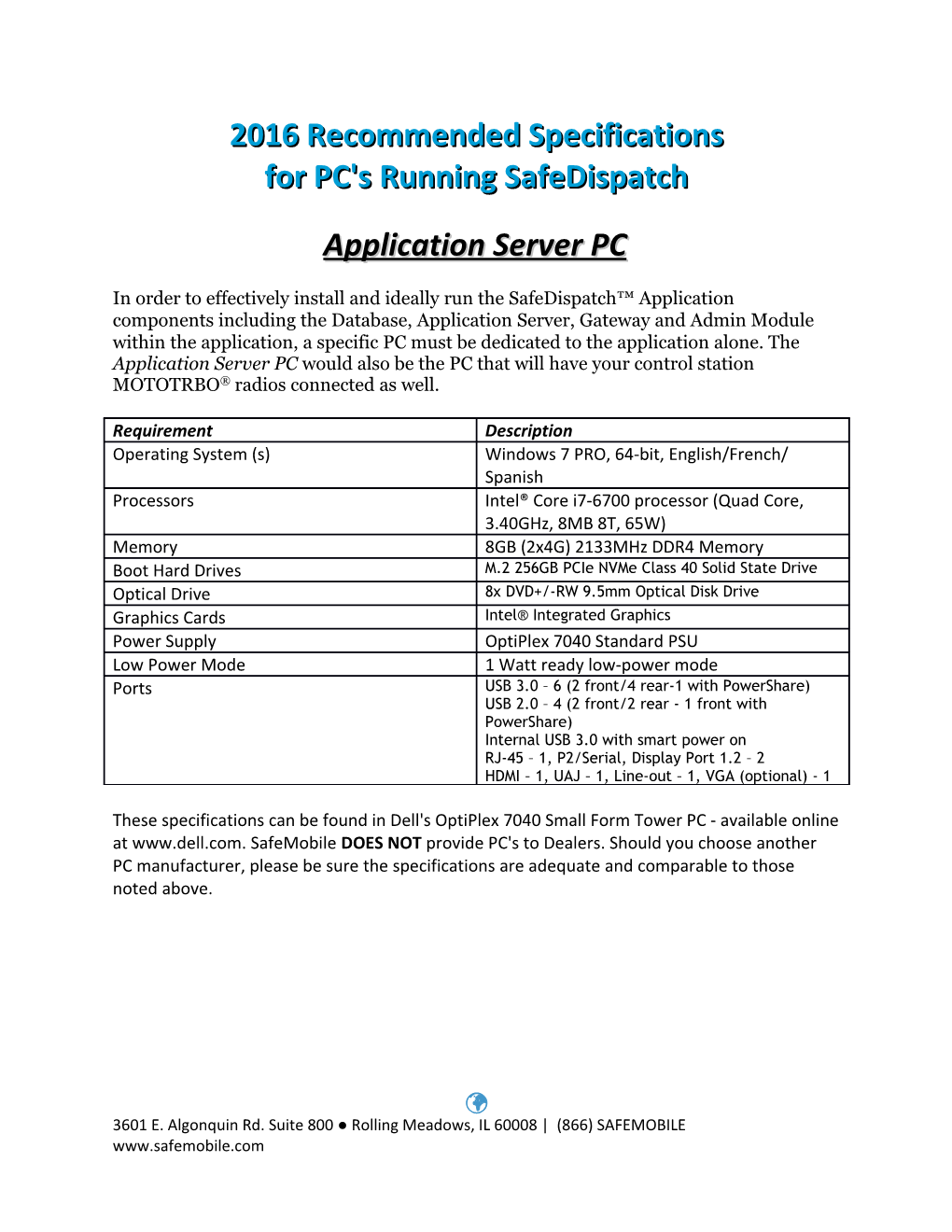 2016 Recommended Specifications