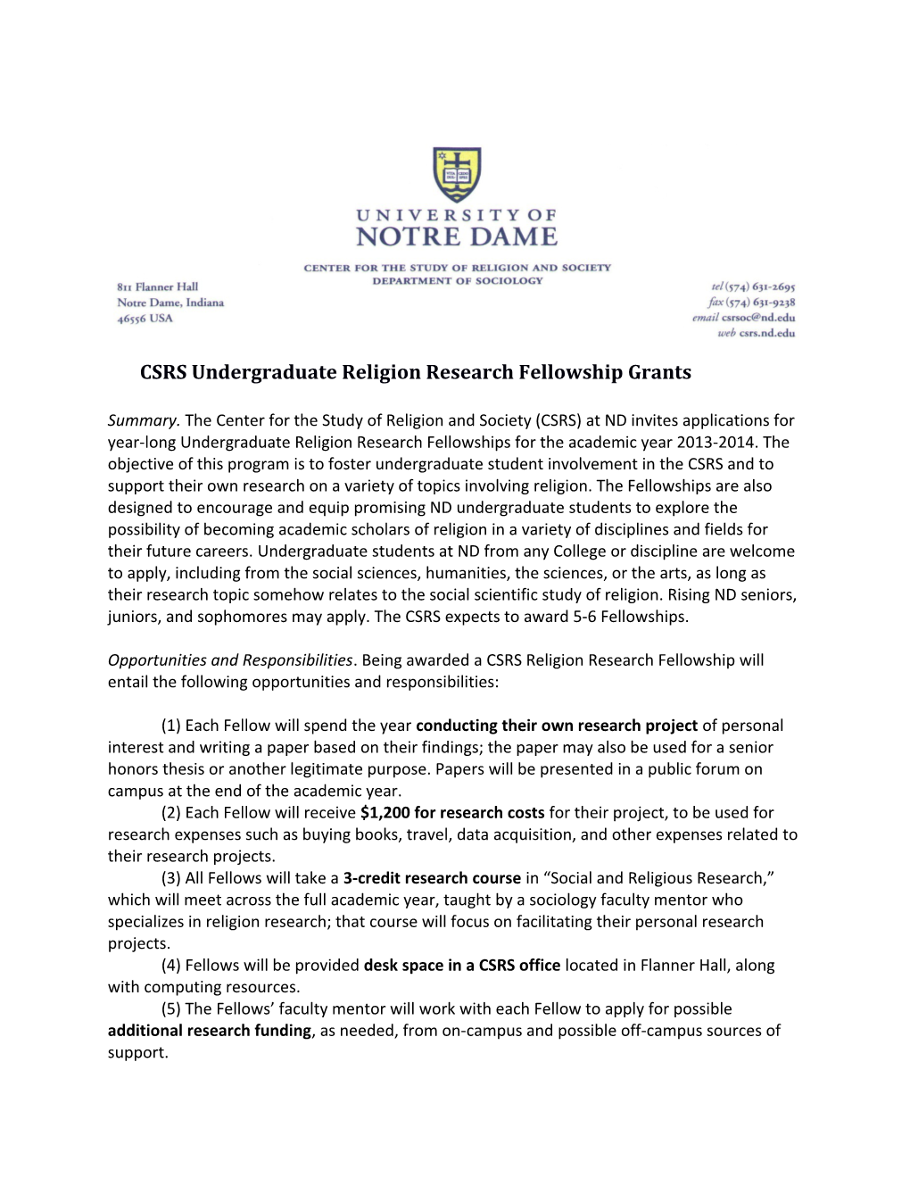 CSRS Undergraduate Religion Research Fellowship Grants