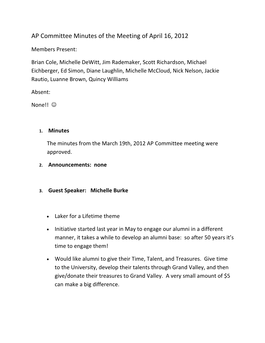 AP Committeeminutes of the Meeting of April 16, 2012