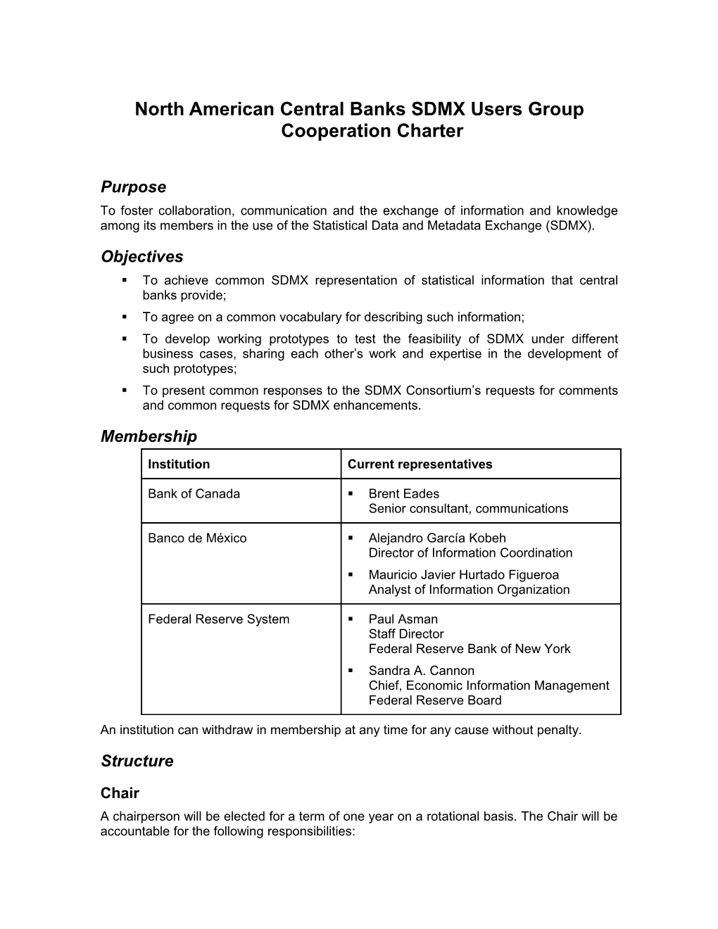 Charter Ofr the North America Central Banks SDMX User Group