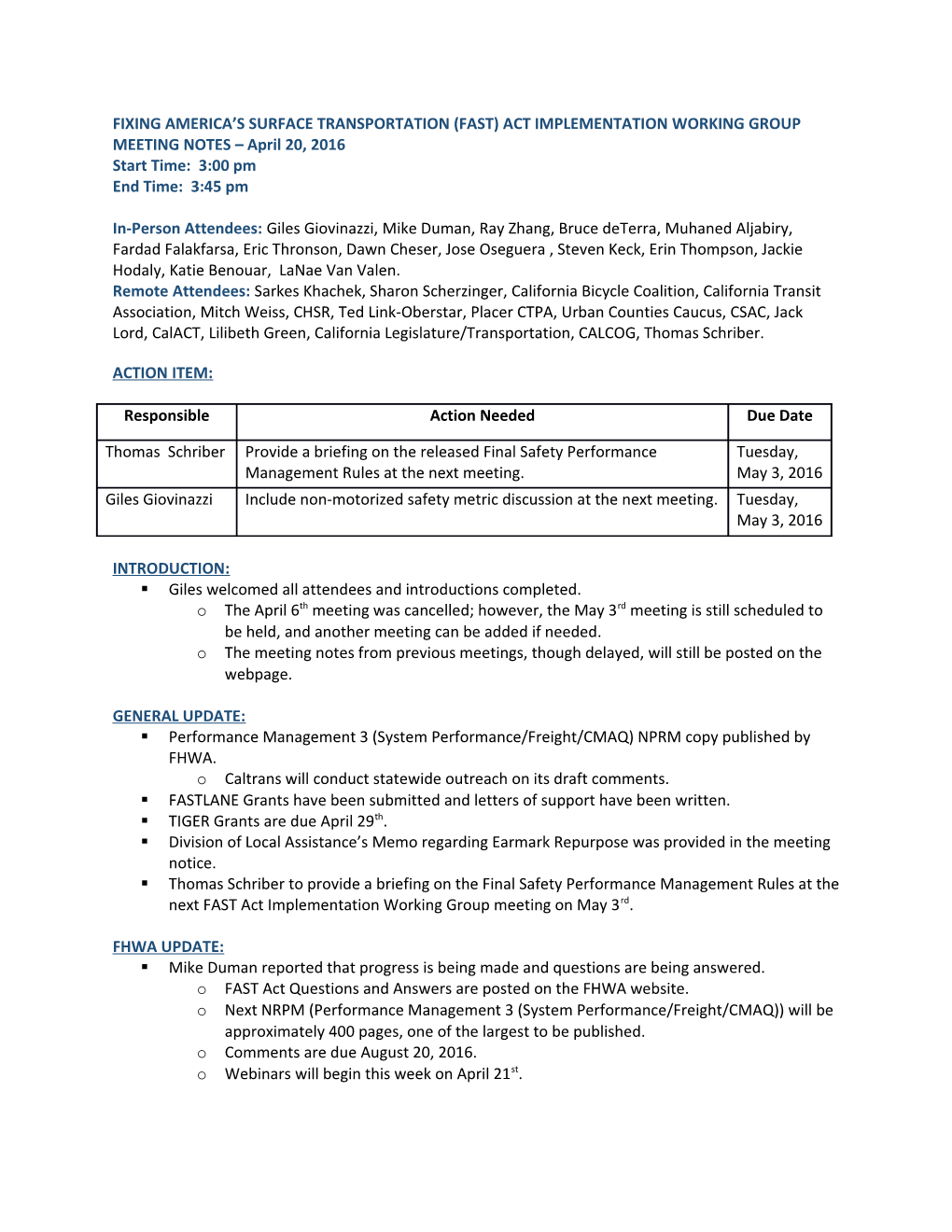 Fixing America S Surface Transportation (Fast) Act Implementation Working Group Meeting