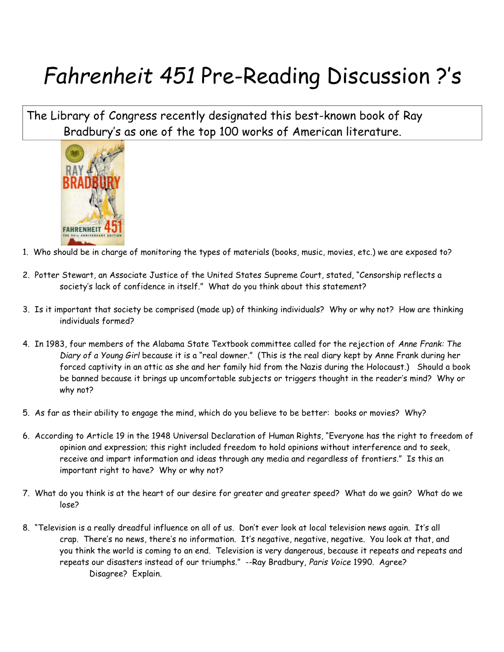 Fahrenheit 451 Pre-Reading Discussion
