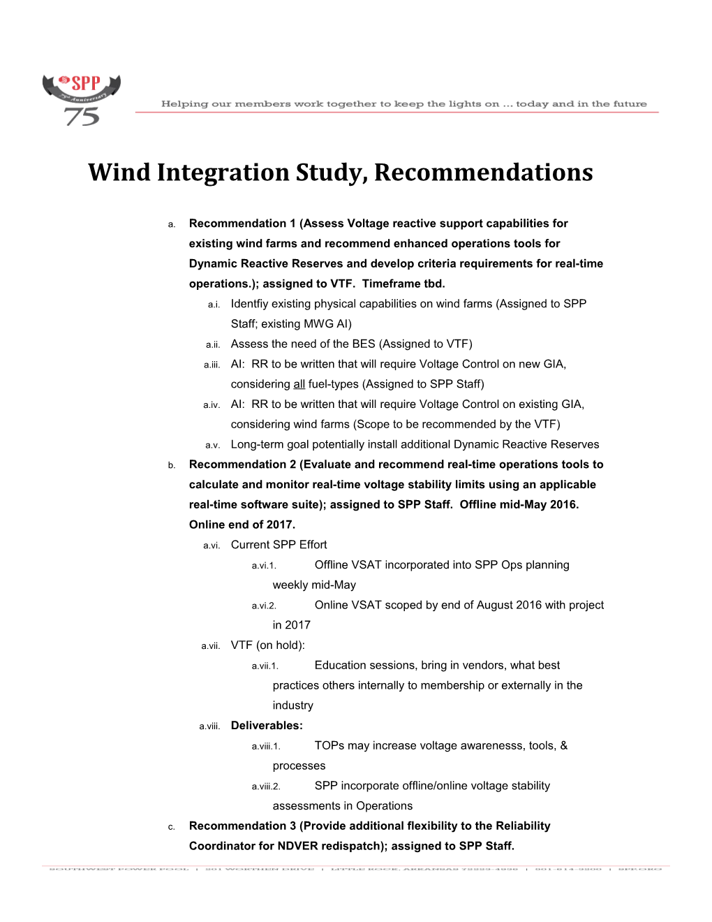Wind Integration Study, Recommendations
