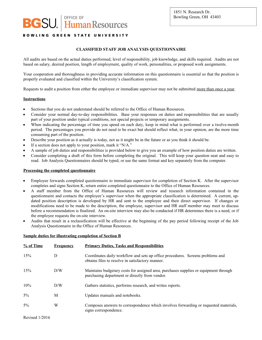 Classified Staff Job Analysis Questionnaire