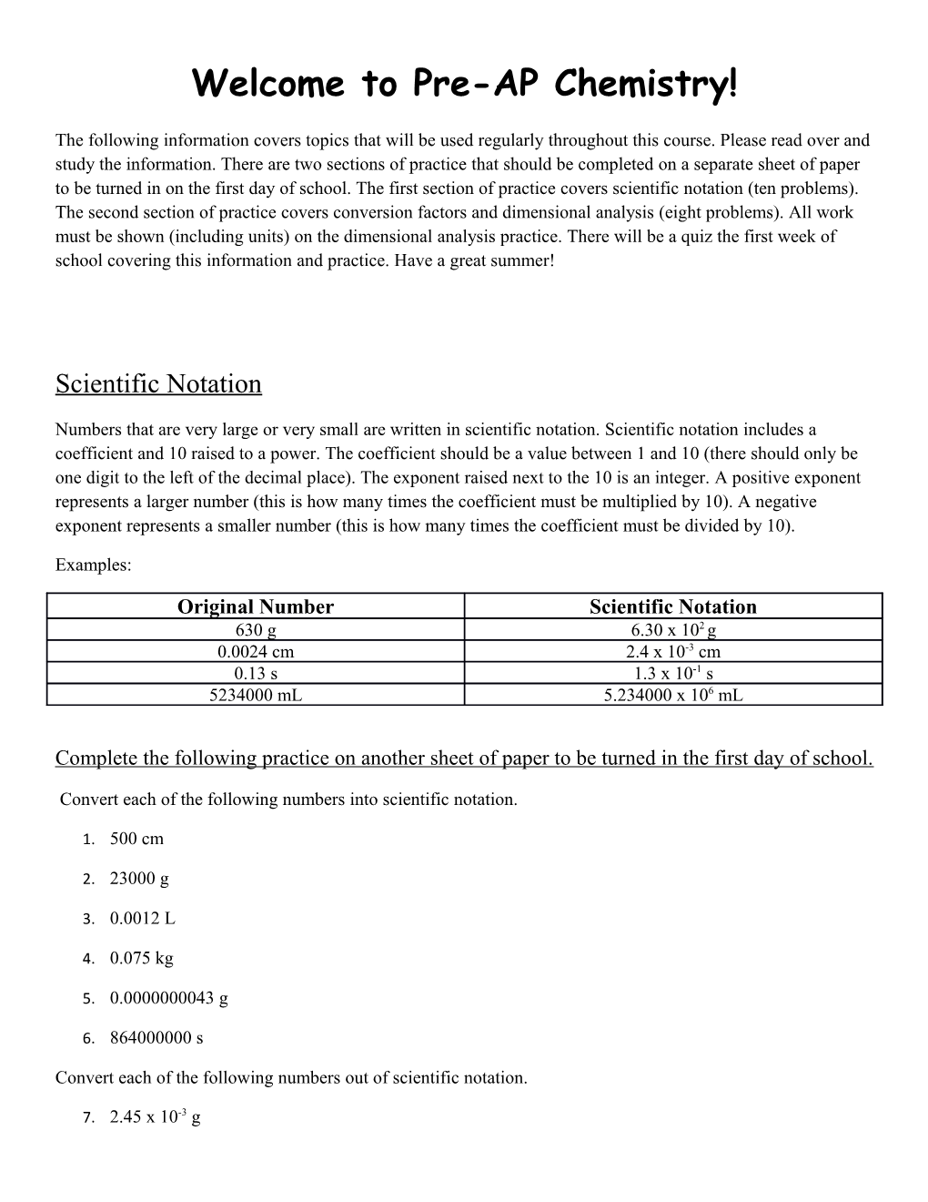 Welcome to Pre-AP Chemistry!