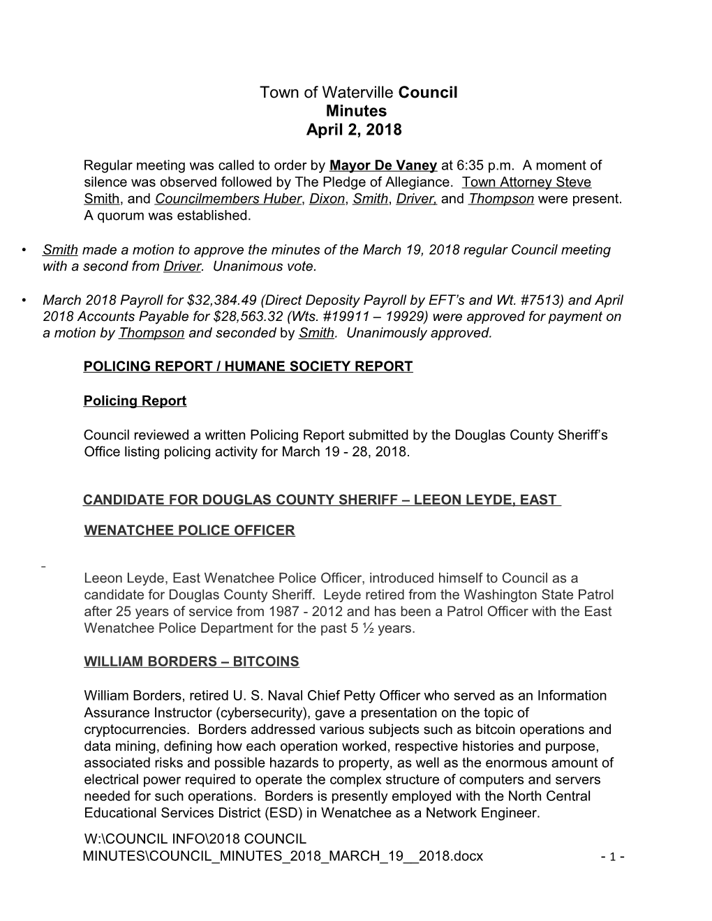 Town of Waterville Council Minutes