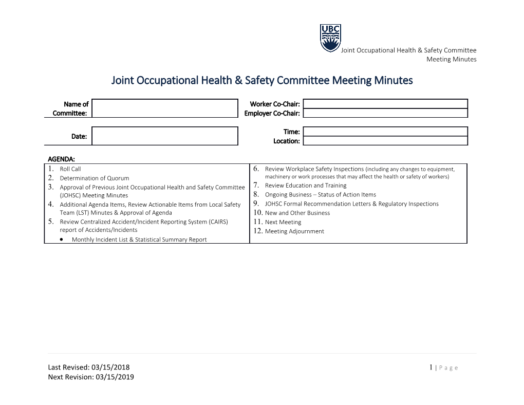Joint Occupational Health & Safety Committee Meeting Minutes