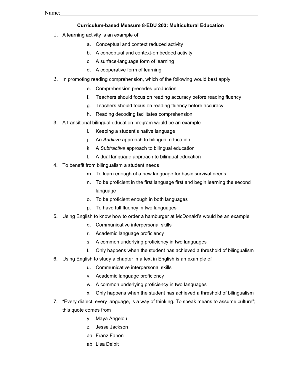 Curriculum-Based Measure 8-EDU 203: Multicultural Education