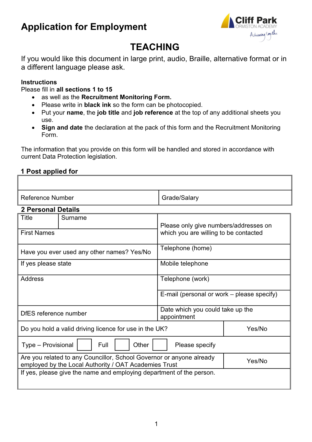 Please Fill in All Sections 1 to 15