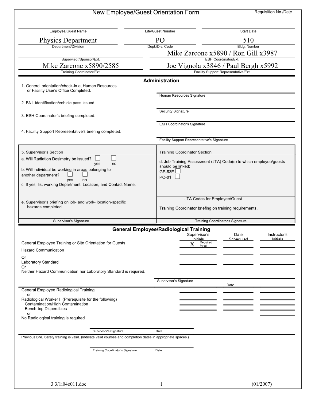 New Employee/Guest Orientation Form