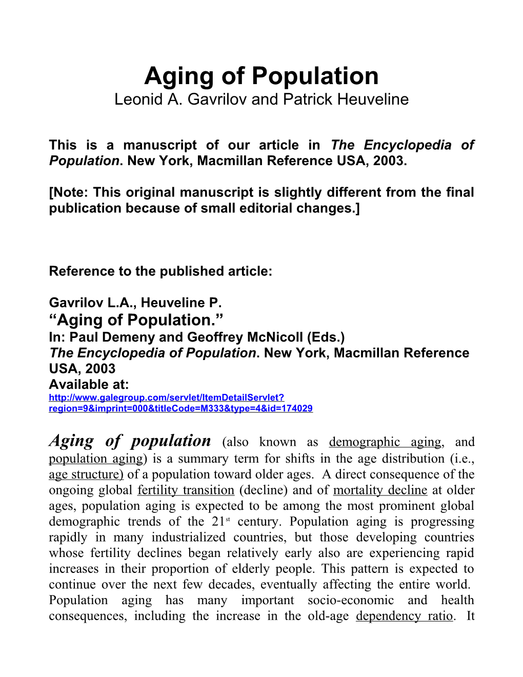 Aging of Population