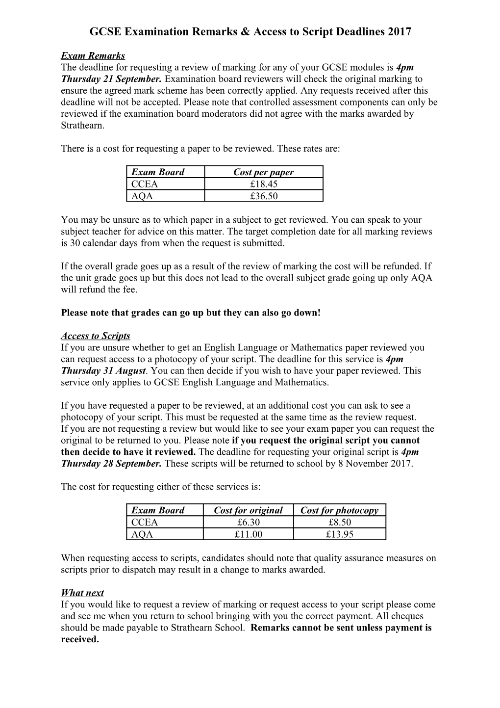 GCSE Examination Remarks & Access to Script Deadlines