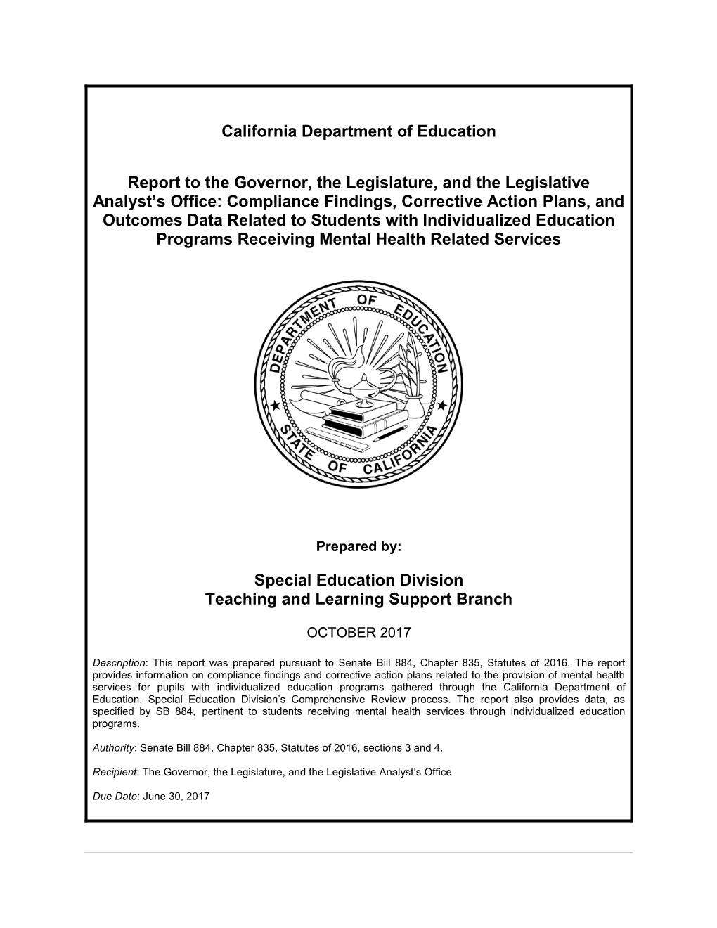 Senate Bill 884 Legislative Report - Announcements & Current Issues (CA Dept of Education)