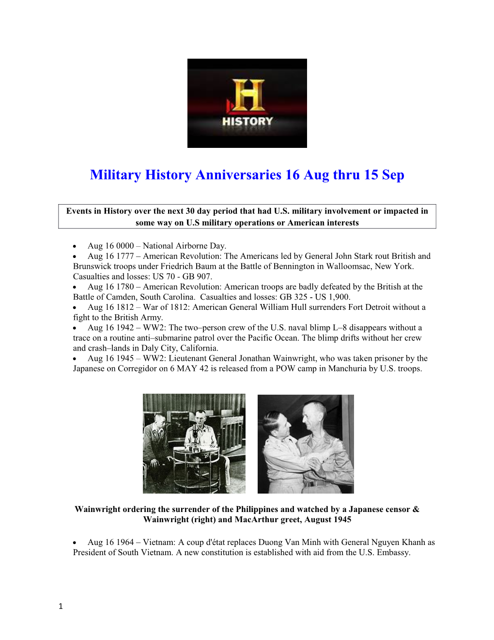 Military History Anniversaries16 Aug Thru15sep