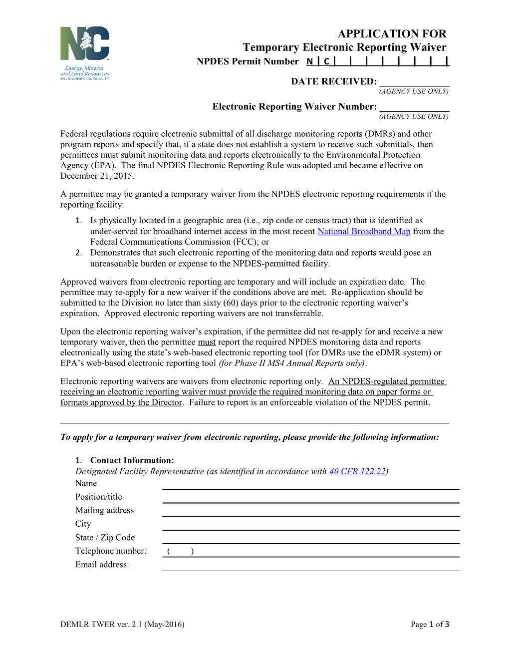 Temporary Electronic Reportingwaiver NPDES Permit Number N C