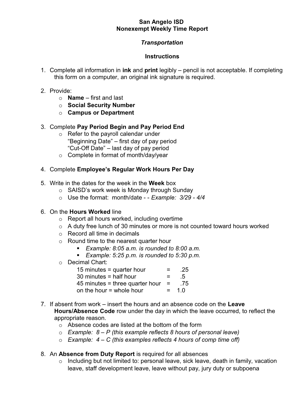 Sample Nonexempt Employee Weekly Time Report