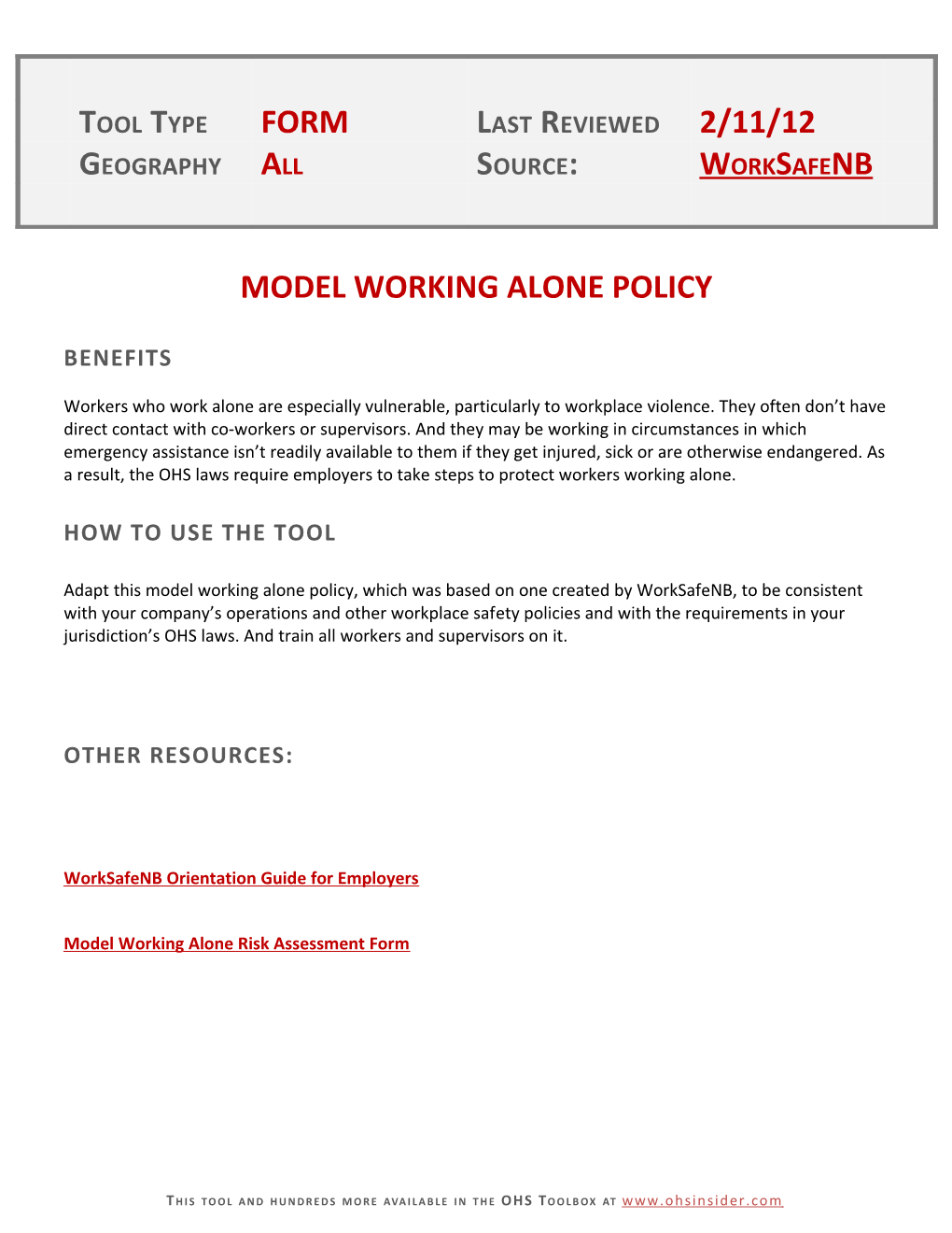 Model Working Alone Policy