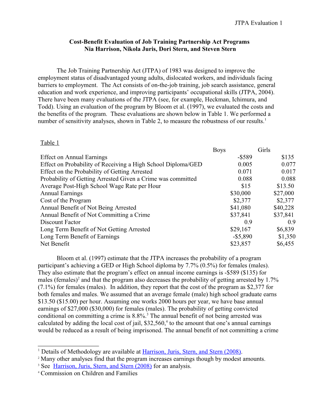 Evaluation for the Job Training Partnership Act