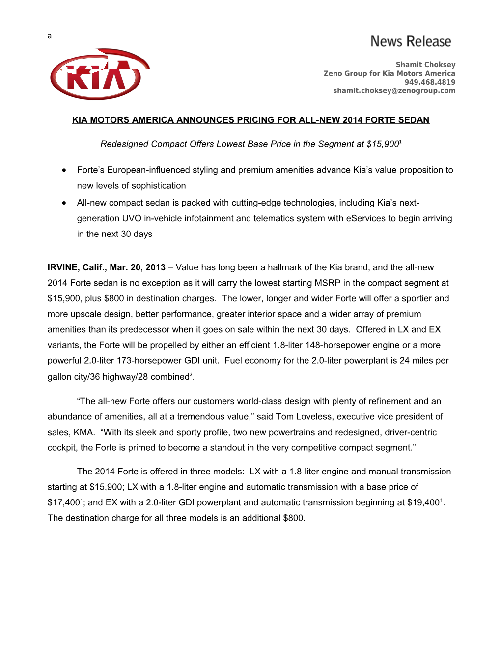 Kia Motors America Announces Pricing for All-New 2014 Forte Sedan