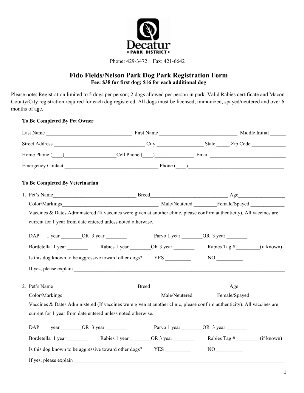 Fido Fields/Nelson Parkdogpark Registration Form