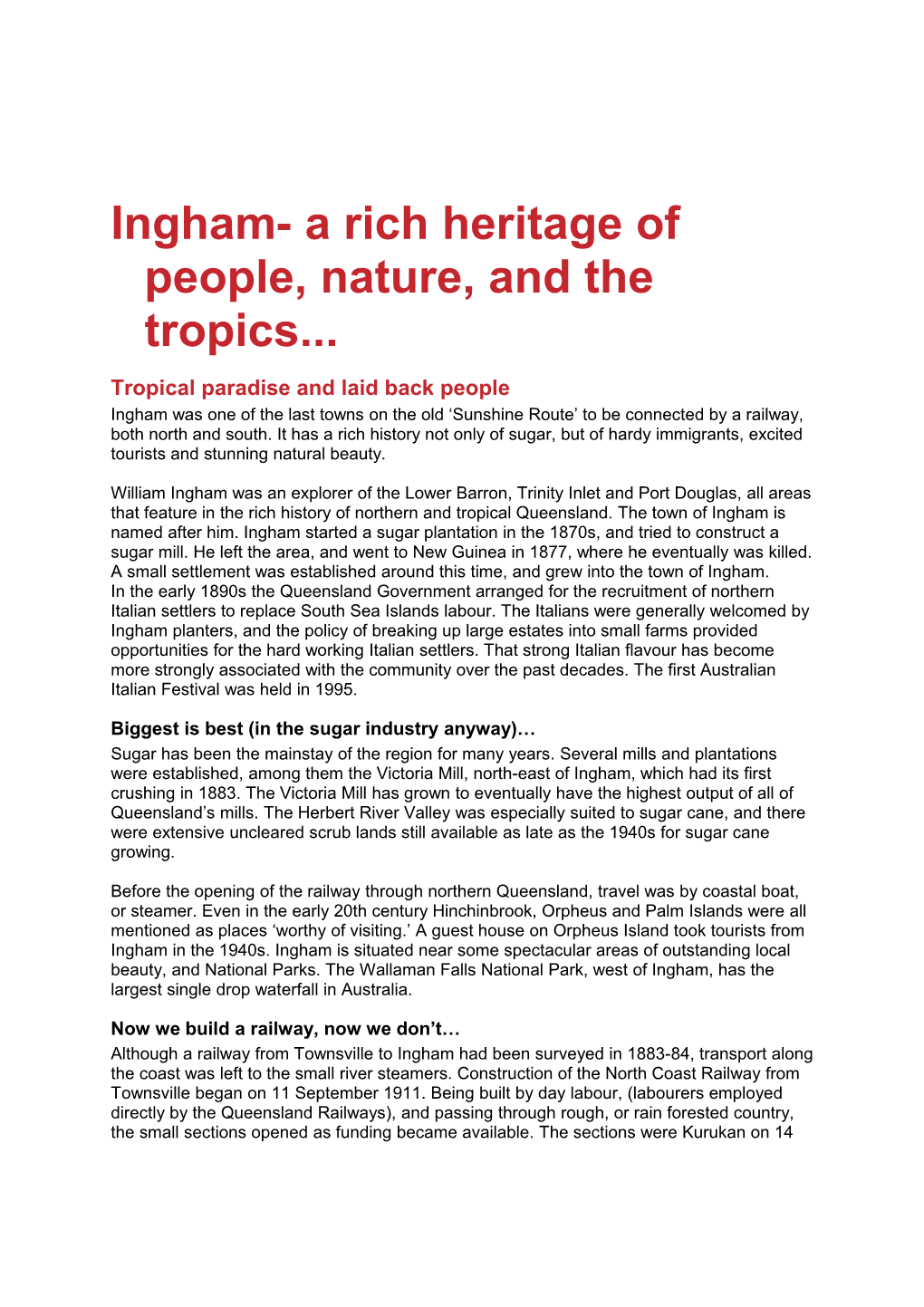 Ingham- a Rich Heritage of People, Nature, and the Tropics