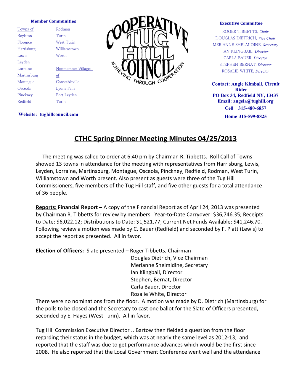 CTHC Spring Dinner Meeting Minutes 04/25/2013