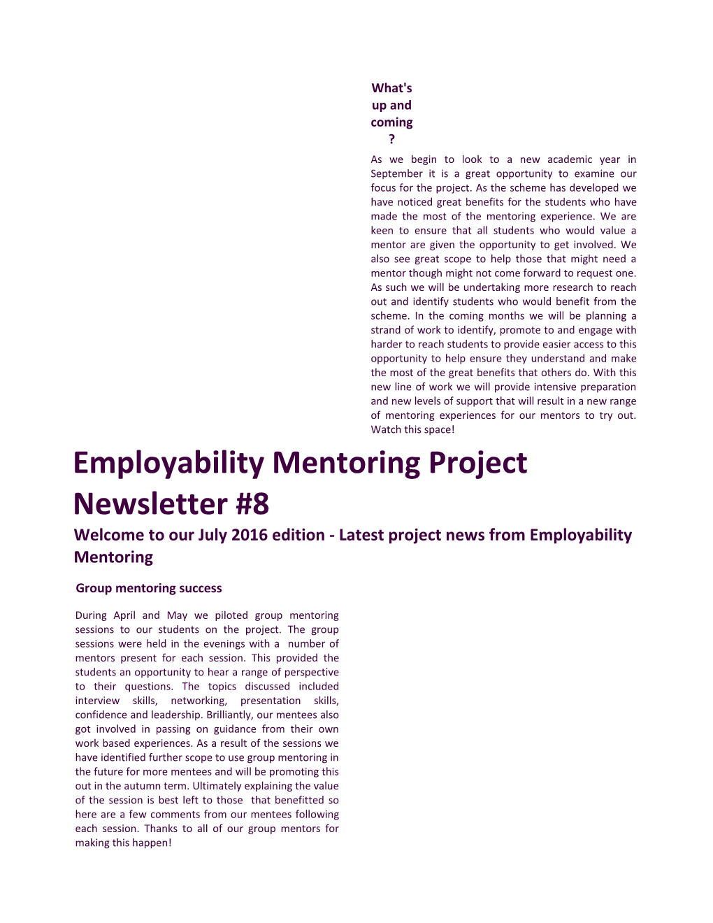 Employability Mentoring Newsletter July 2016
