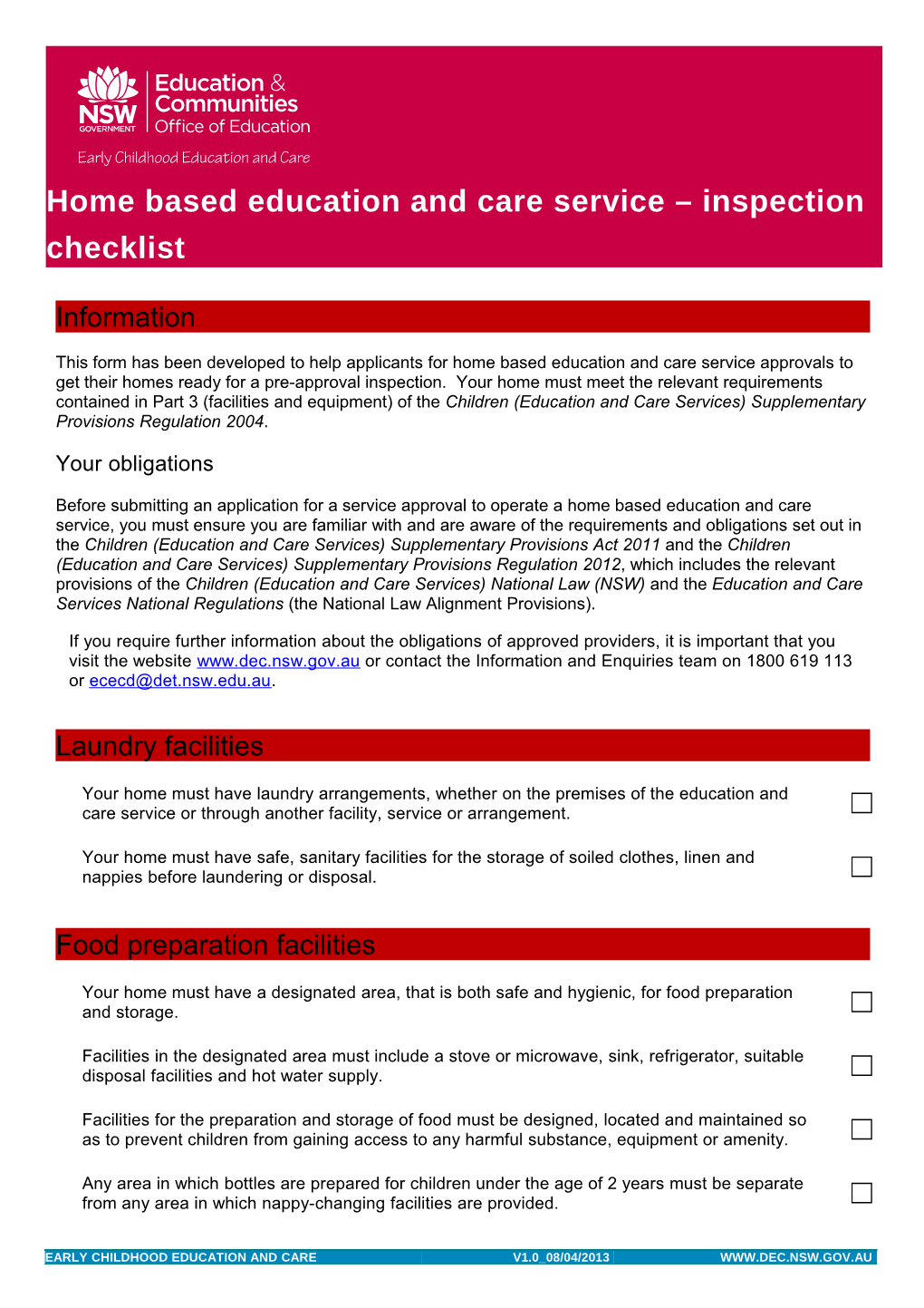 This Form Has Been Developed to Help Applicants for Home Based Education and Care Service