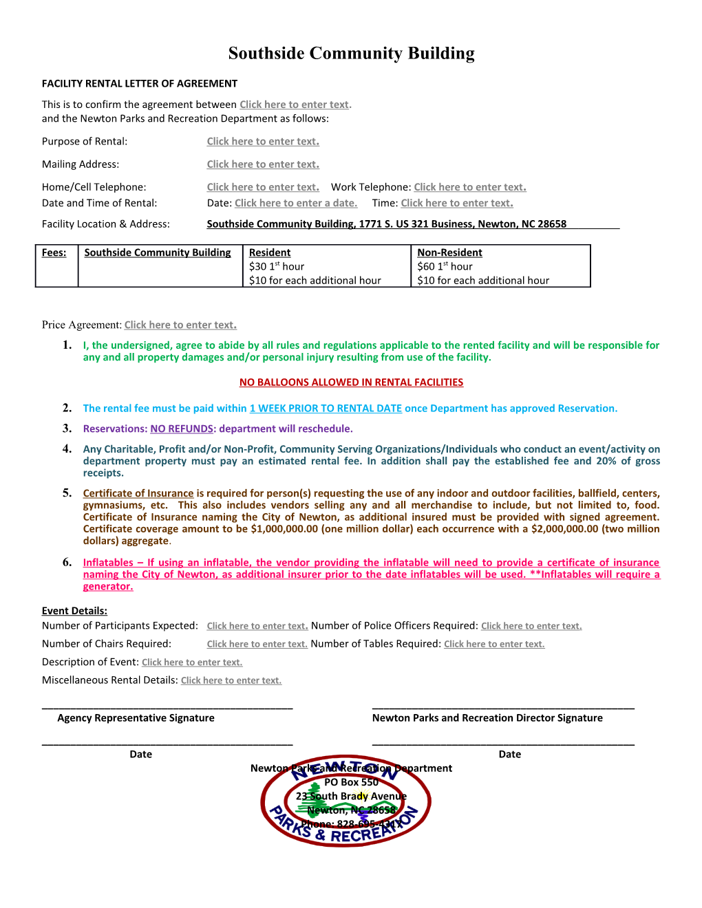 Facility Rental Letter of Agreement