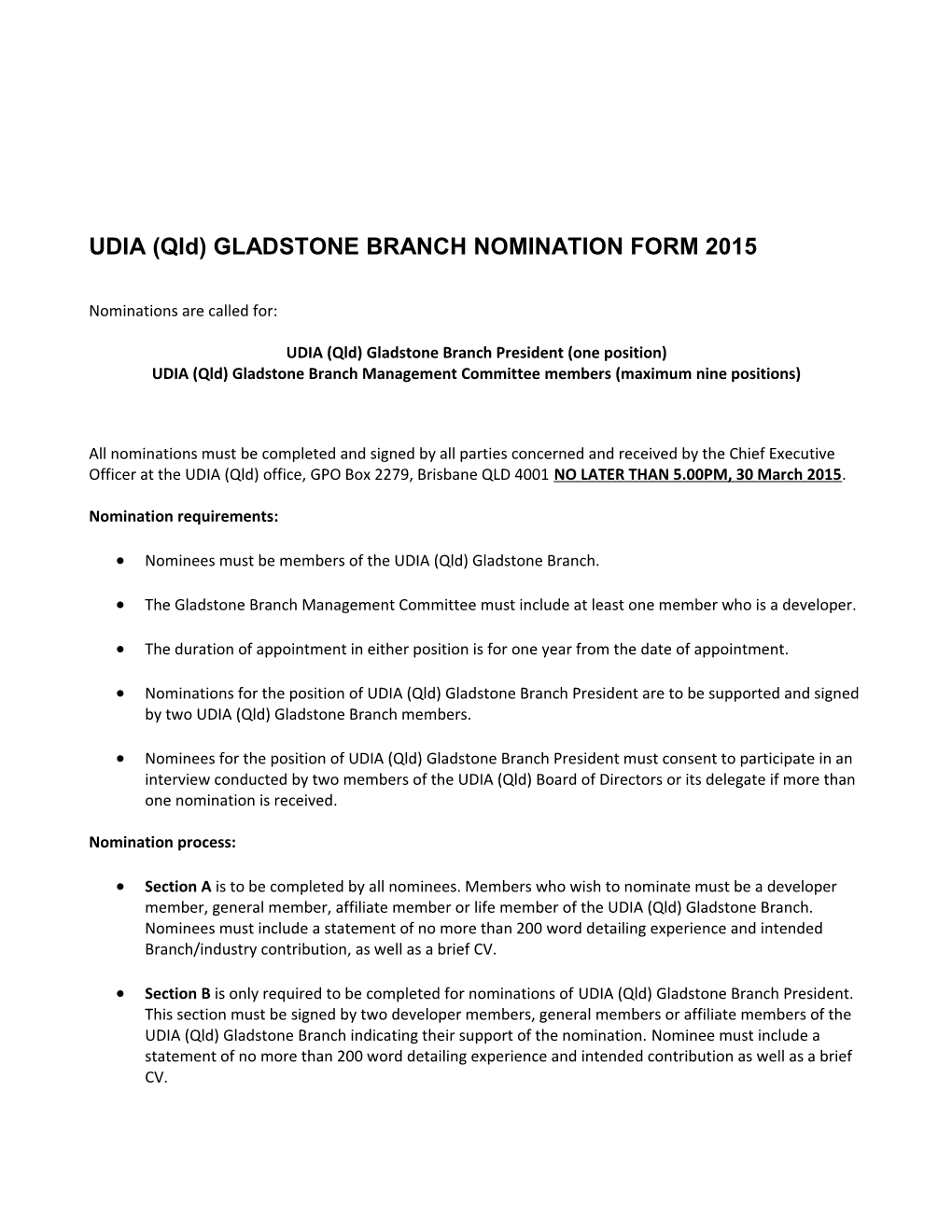 UDIA (Qld) GLADSTONEBRANCH NOMINATION FORM 2015