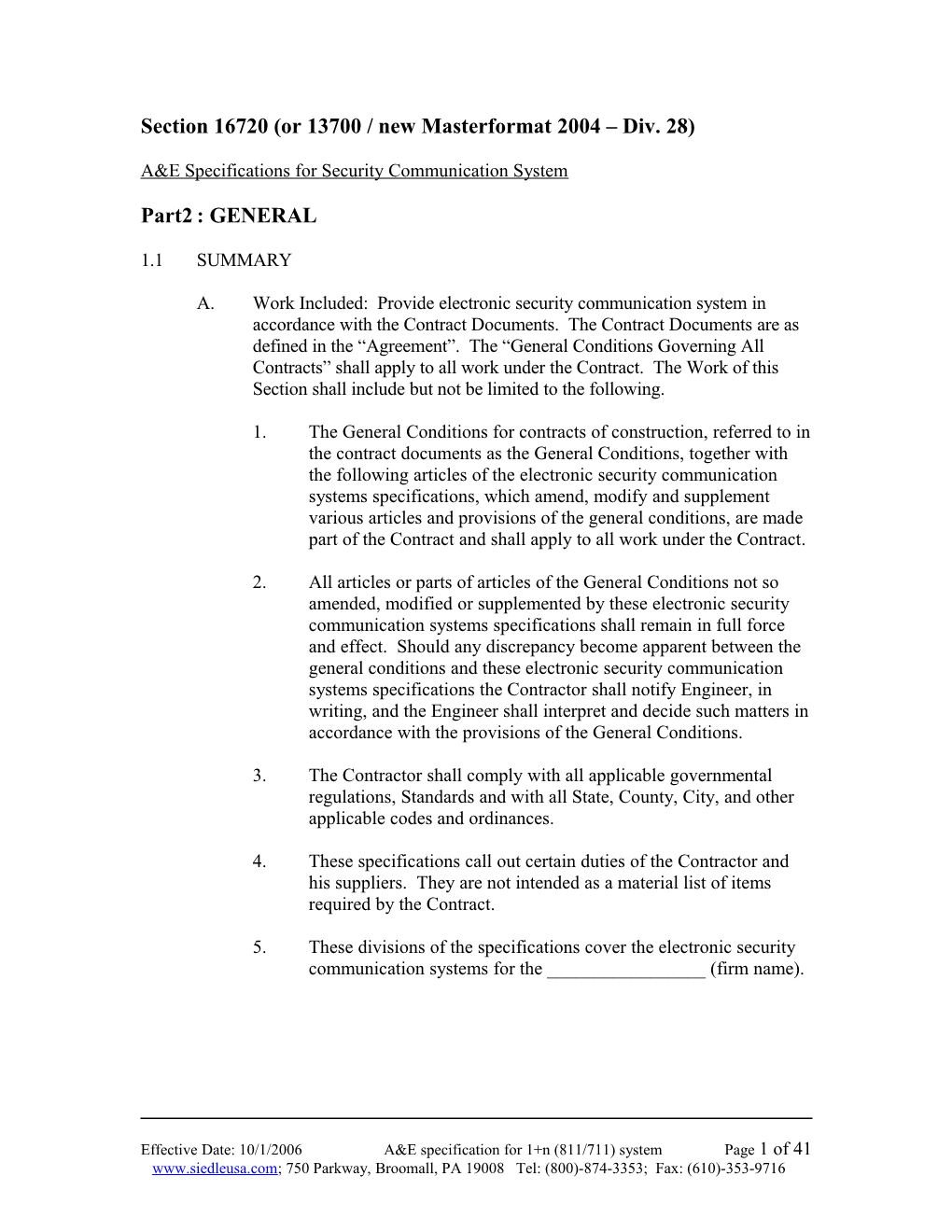 A & E GUIDE Specifications for Siedle Intercom 3000 Communication System