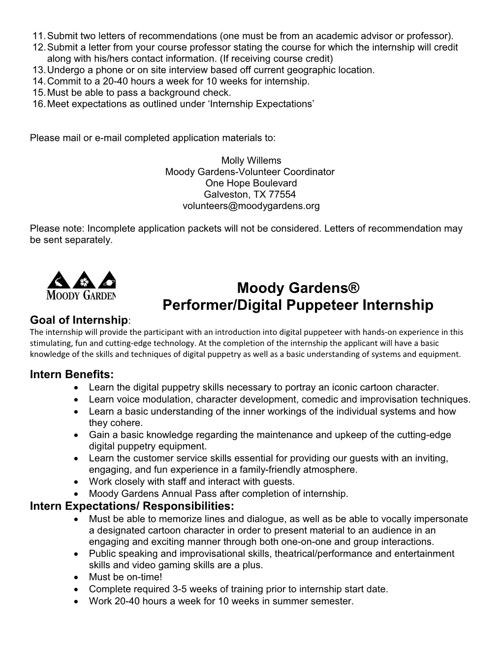 Moody Gardens Performer/Digital Puppeteer Internship Application