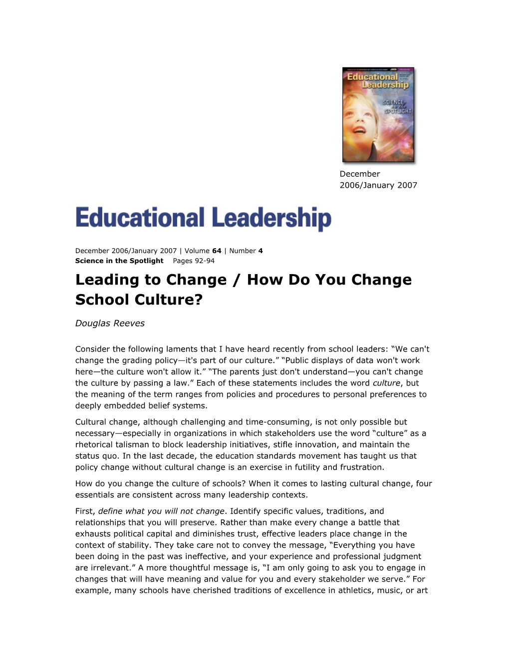 Leading to Change / How Do You Changeschool Culture?
