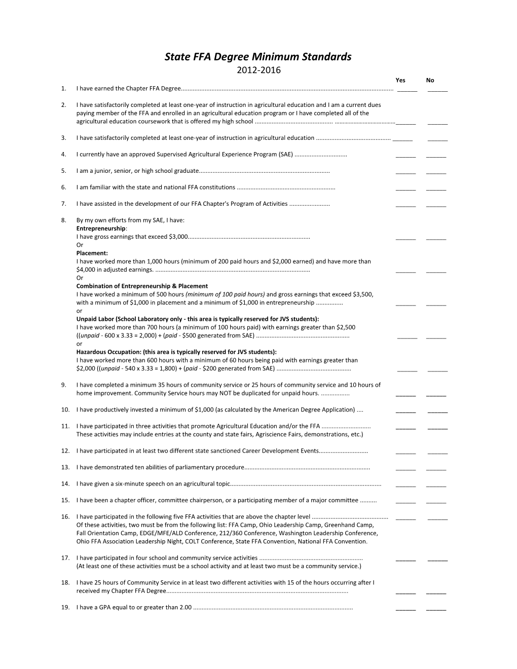 State FFA Degree Minimum Standards