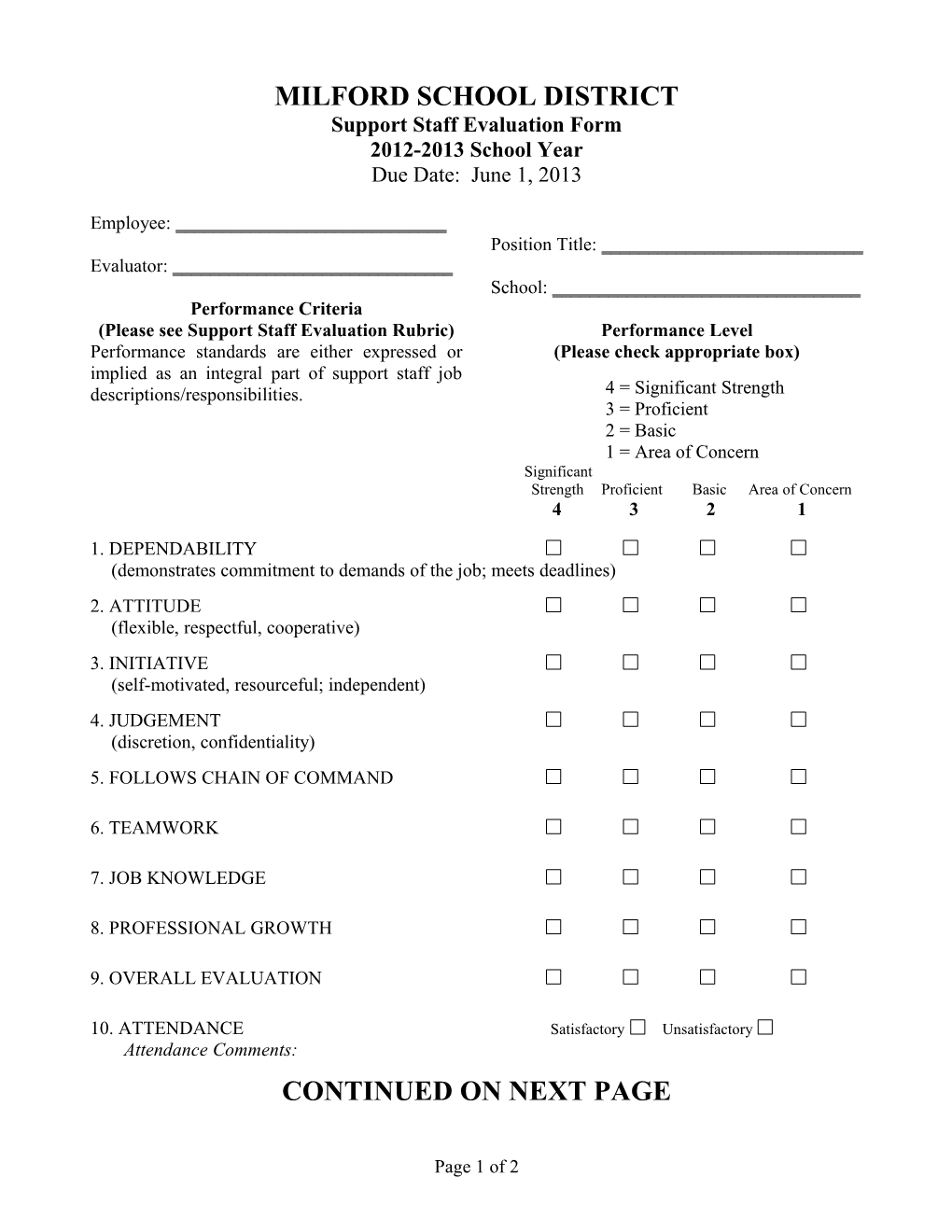 Milford School District - Support Staff Eval