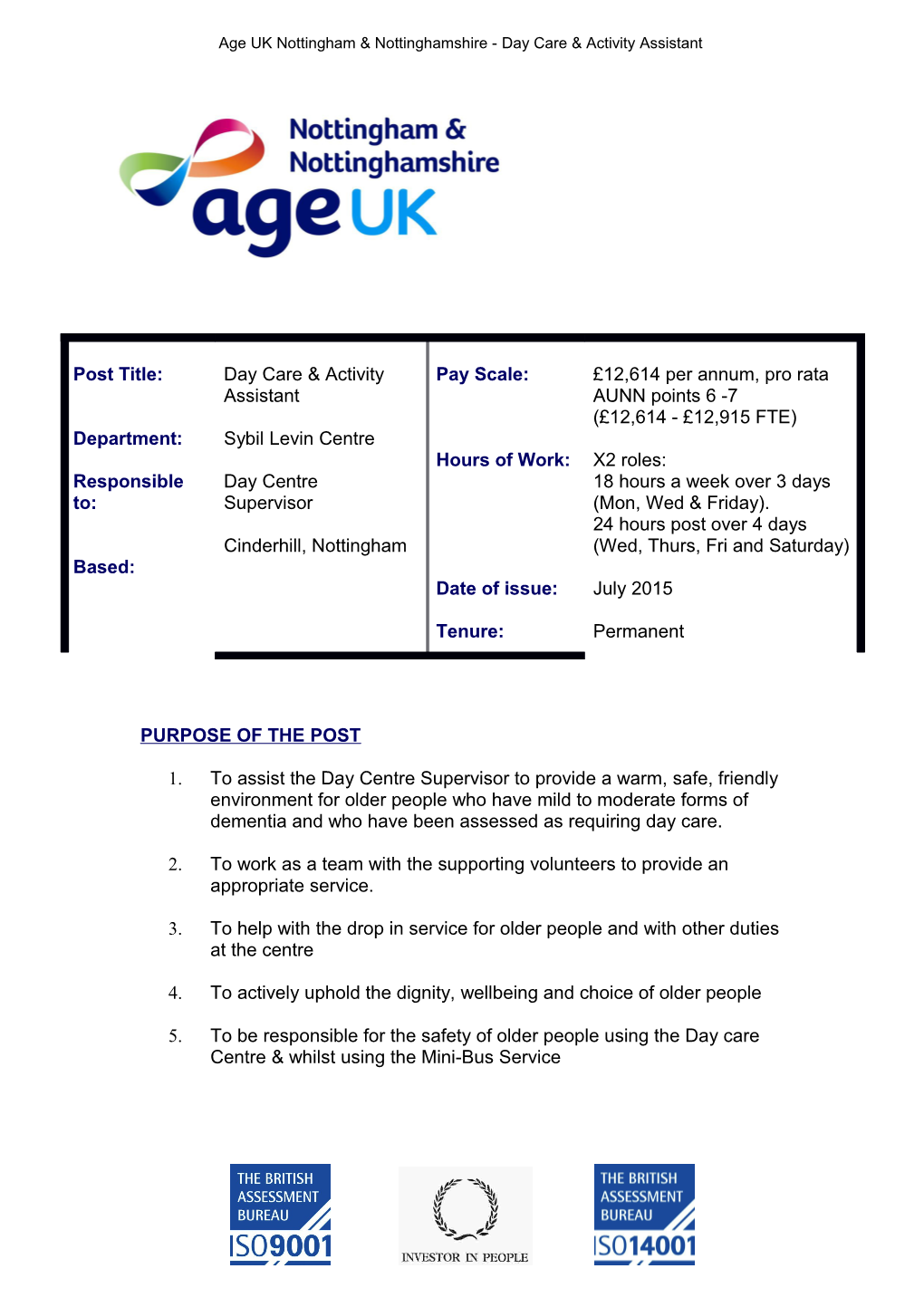 Age UK Nottingham Nottinghamshire - Day Care & Activity Assistant