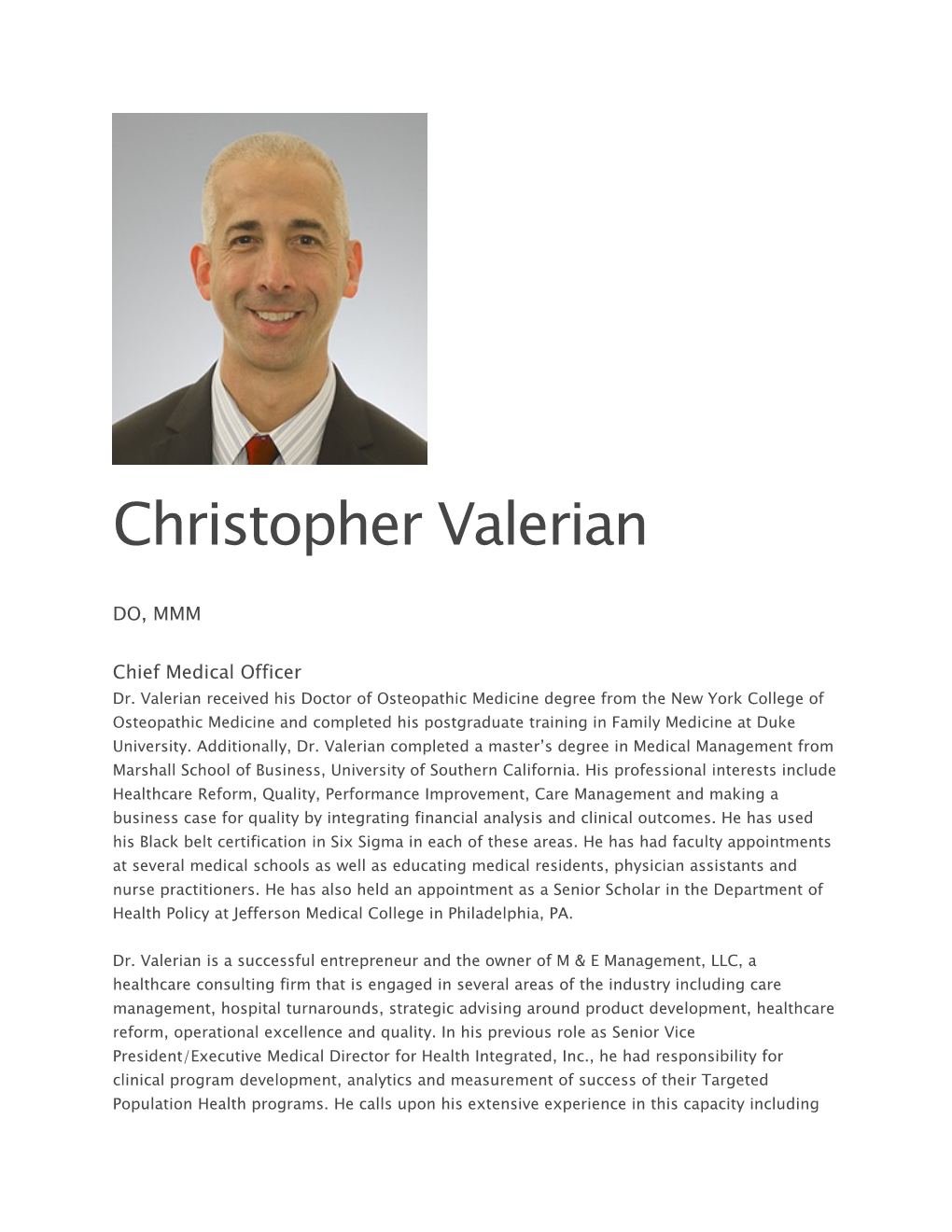 Christopher Valerian DO, MMM Chief Medical Officer