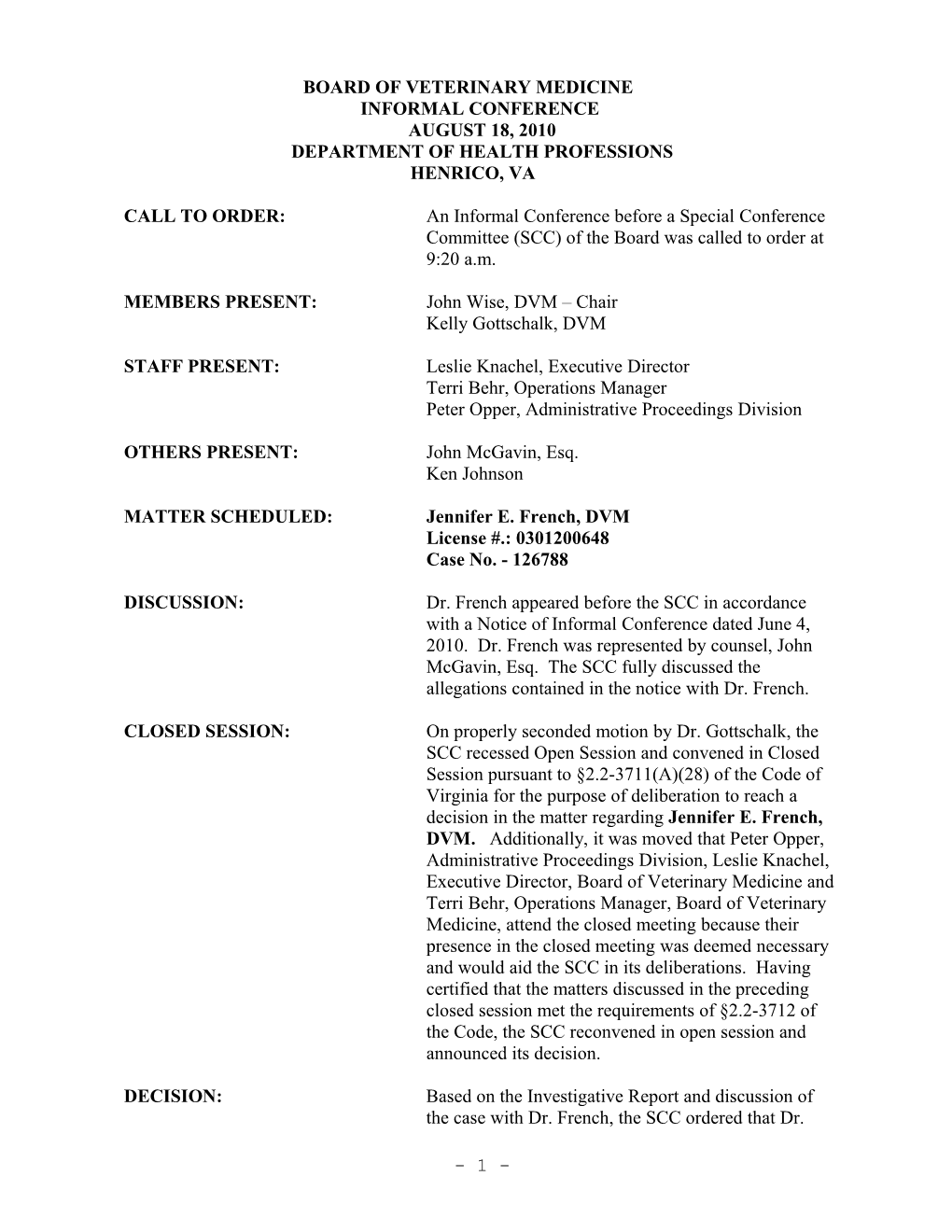 BOARD of VETERINARY MEDICINCE - Minutes 8-18-2010