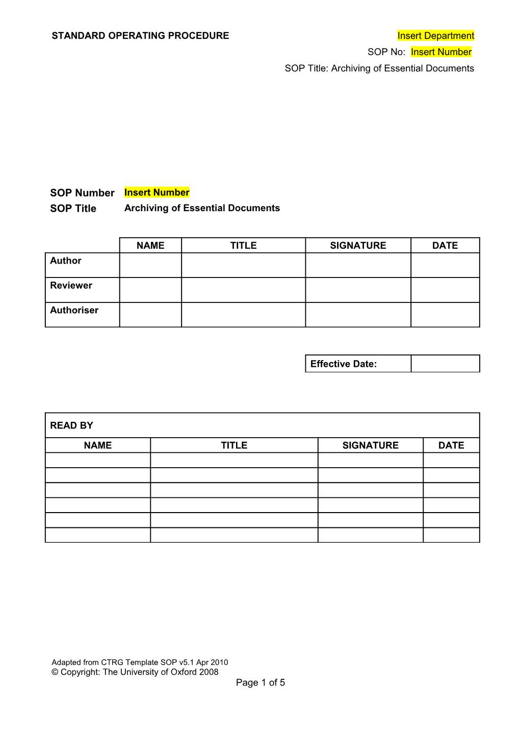 Archiving of Essential Documents - Template