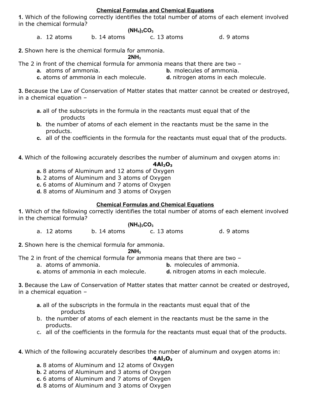 Chemical Formulas and Chemical Equations