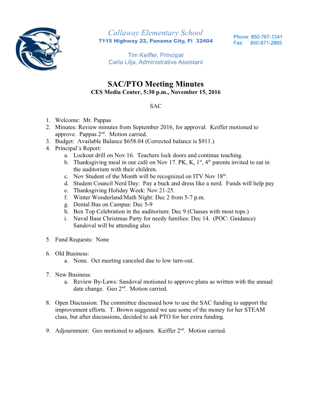 SAC/PTO Meeting Minutes