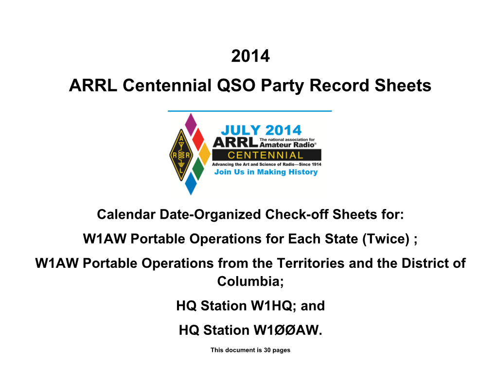 ARRL Centennial QSO Party Record Sheets