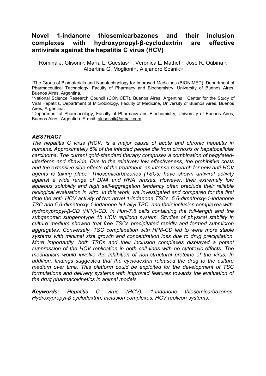 Antiviral Activity Against the Hepatitis C Virus (HCV) of Novel 1-Indanone Thiosemicarbazones