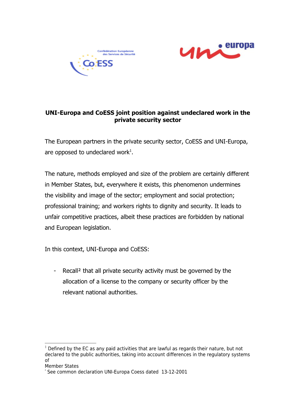 UNI-Europa and Coess Joint Position Against Undeclared Work in the Private Security Sector